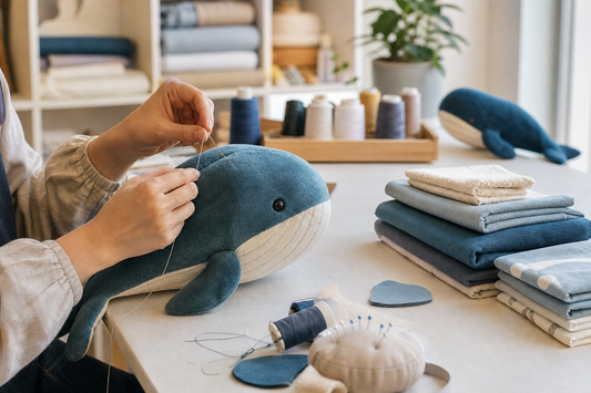 Hands carefully stitching a blue whale plush sample in the Hzboo workshop