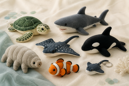 Seven ocean plush toy styles arranged together for a gift guide