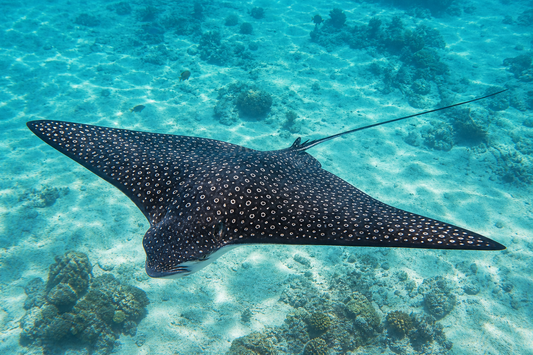 Spotted eagle ray gliding above a shallow tropical reef