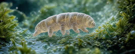 A tardigrade walking through wet moss in a microscopic habitat