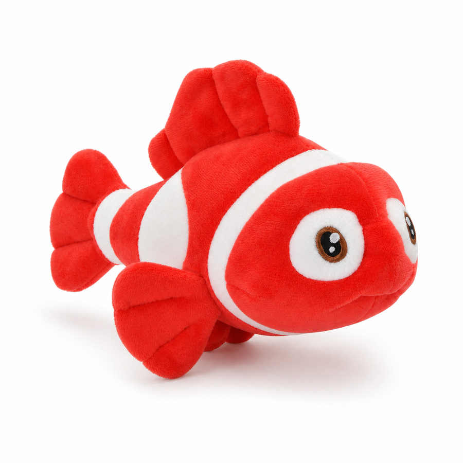 Red clownfish plush toy in three-quarter view on a white background