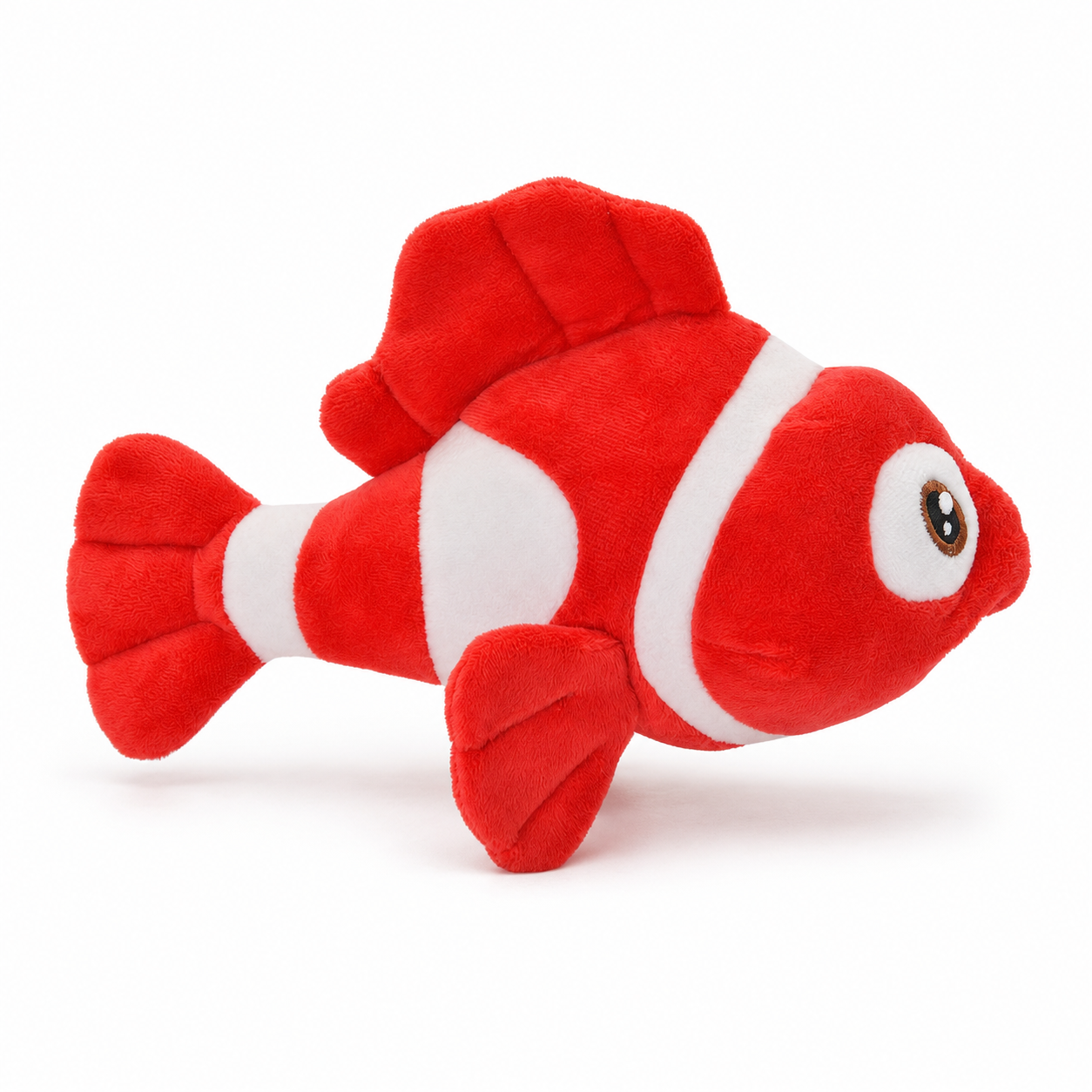 Side view of 25 cm red clownfish plush stuffed animal