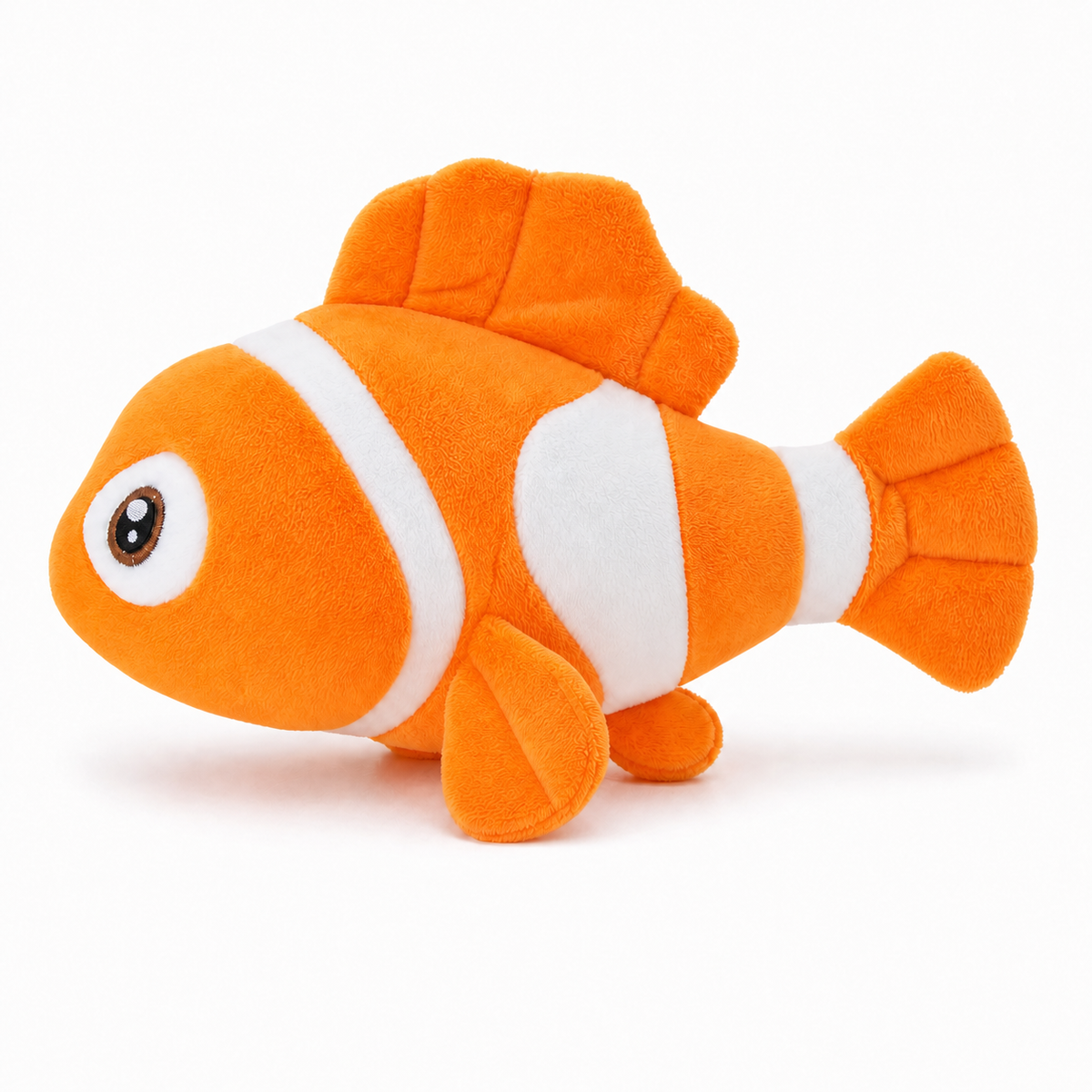 Side view of orange clownfish plush with white stripes and fins