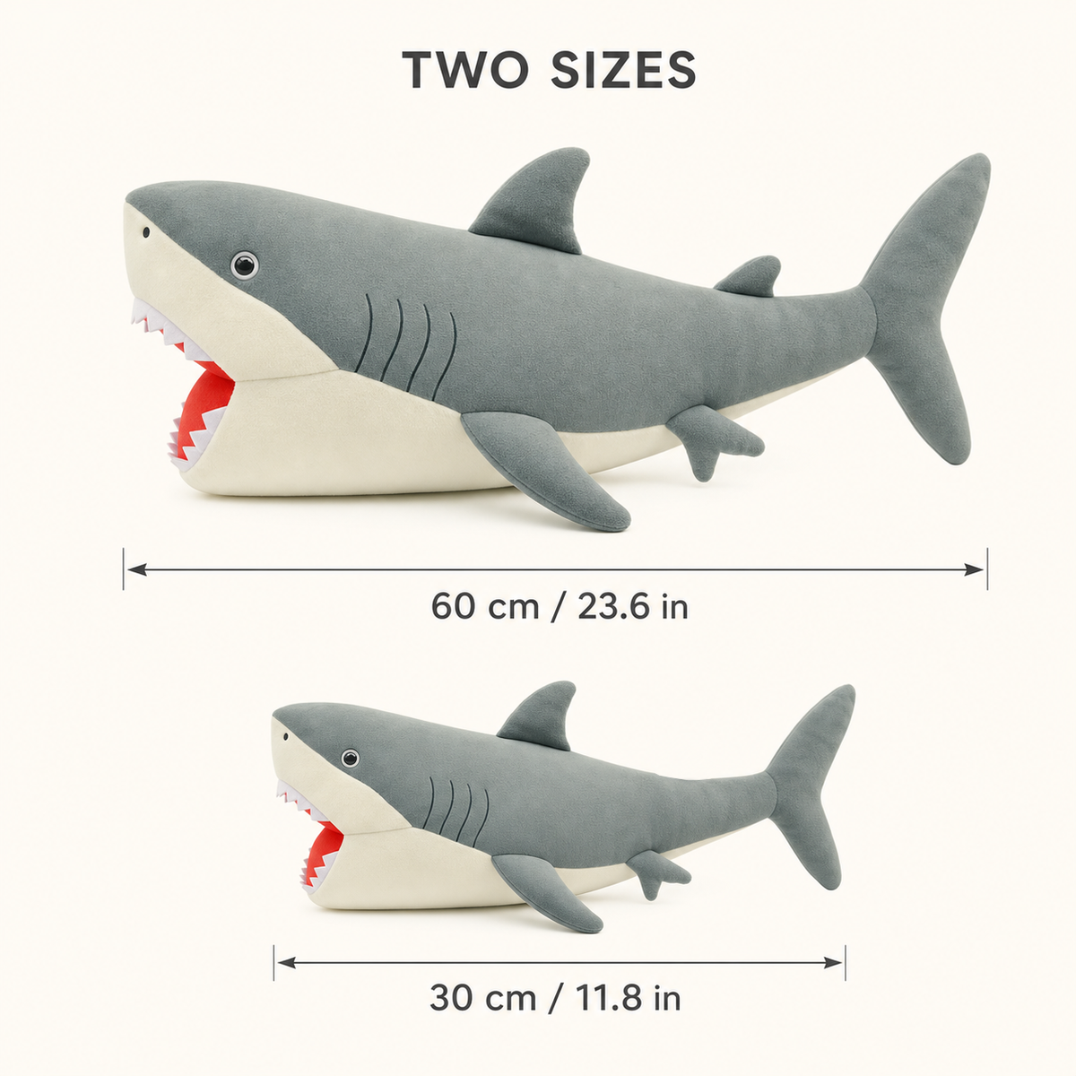 Megalodon shark plush size guide for 30cm and 60cm
