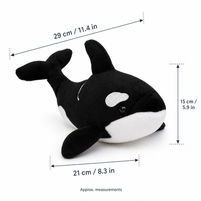 Size guide for each 11.4-inch realistic orca plush doll in the two-pack