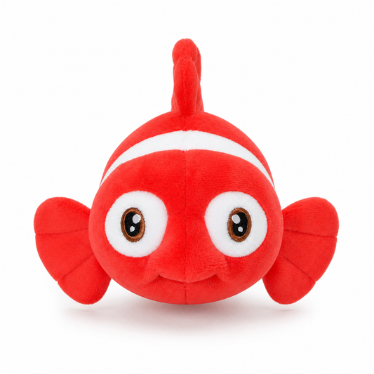 Front view of red clownfish plush toy with embroidered eyes and side fins