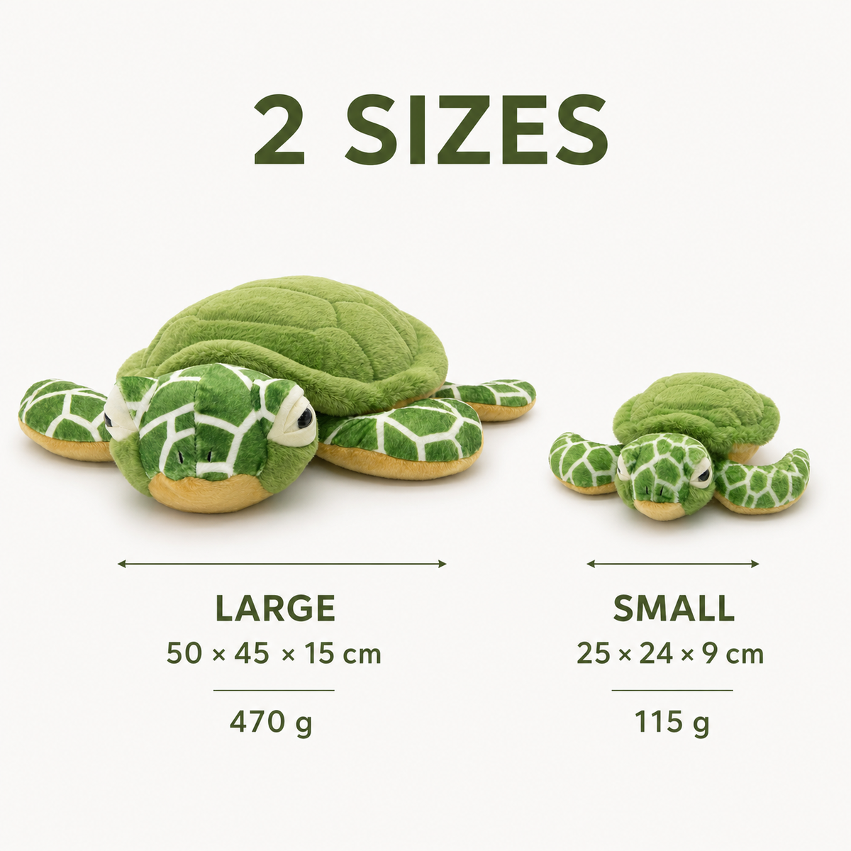 Sea turtle plush size guide for 25cm and 50cm options