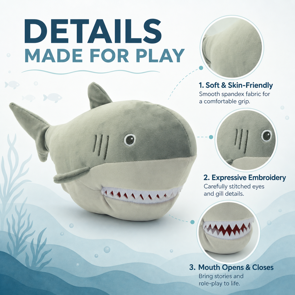 Shark hand puppet mouth and tooth details