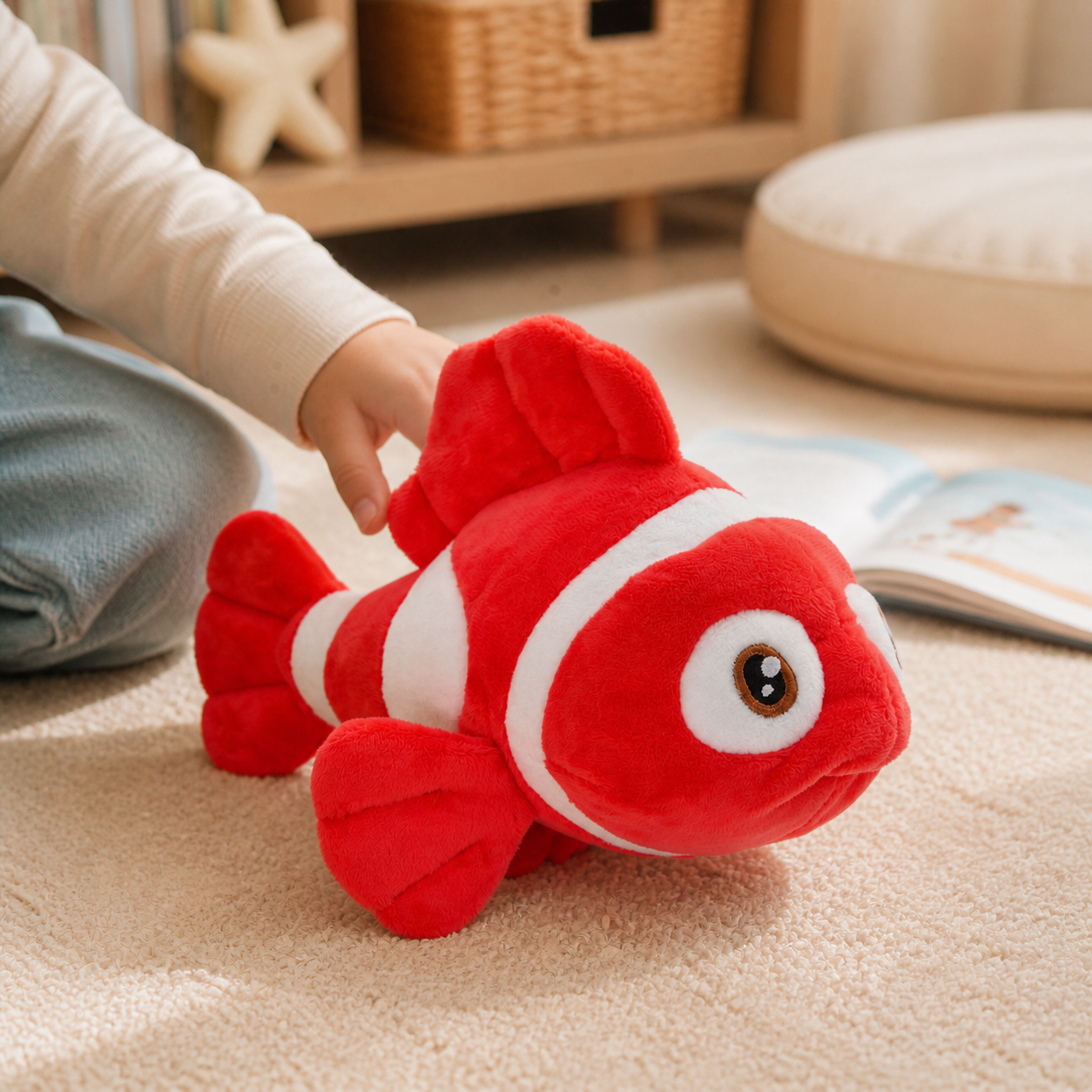 Child playing with a soft red clownfish plush toy in a cozy room