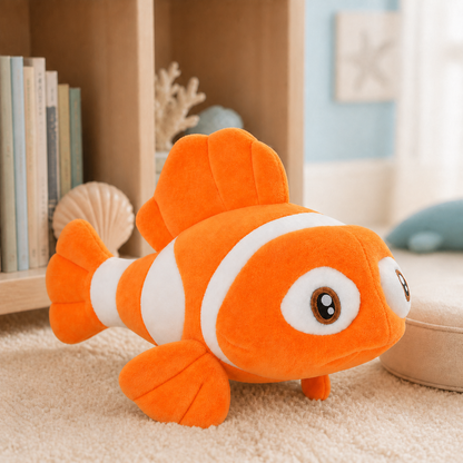 Orange clownfish plush toy in a children’s room setting