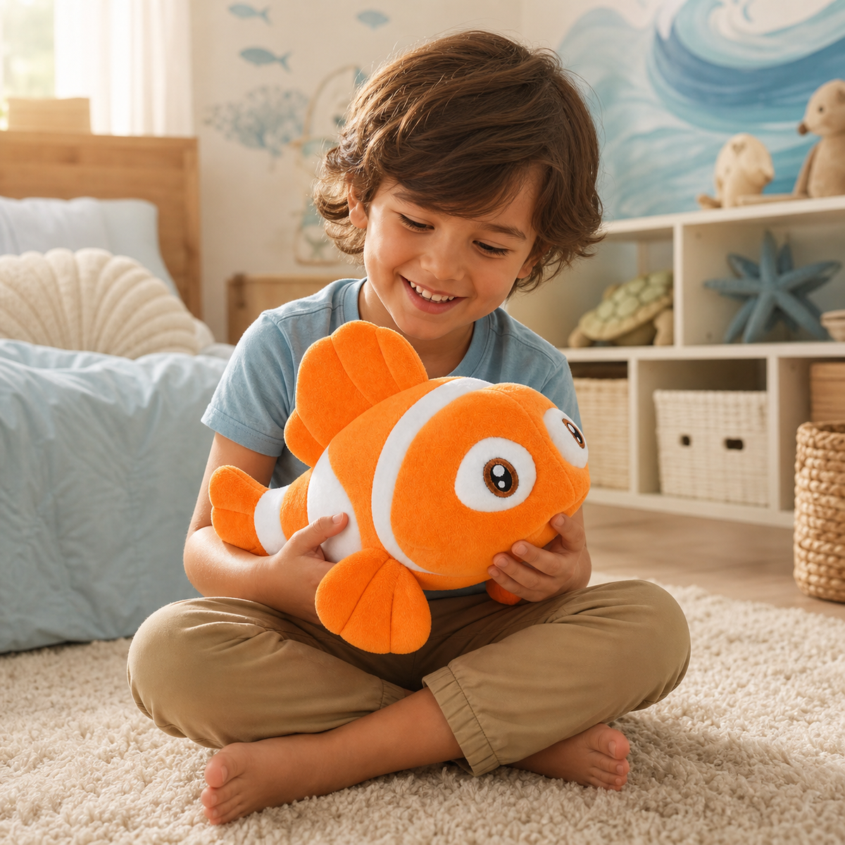 Child holding Hzboo orange clownfish stuffed toy