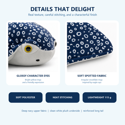 Spotted eagle ray plush eyes fabric embroidery and seam details