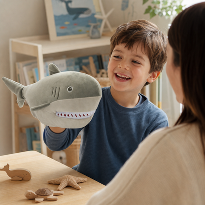Hand opening inside the shark plush puppet