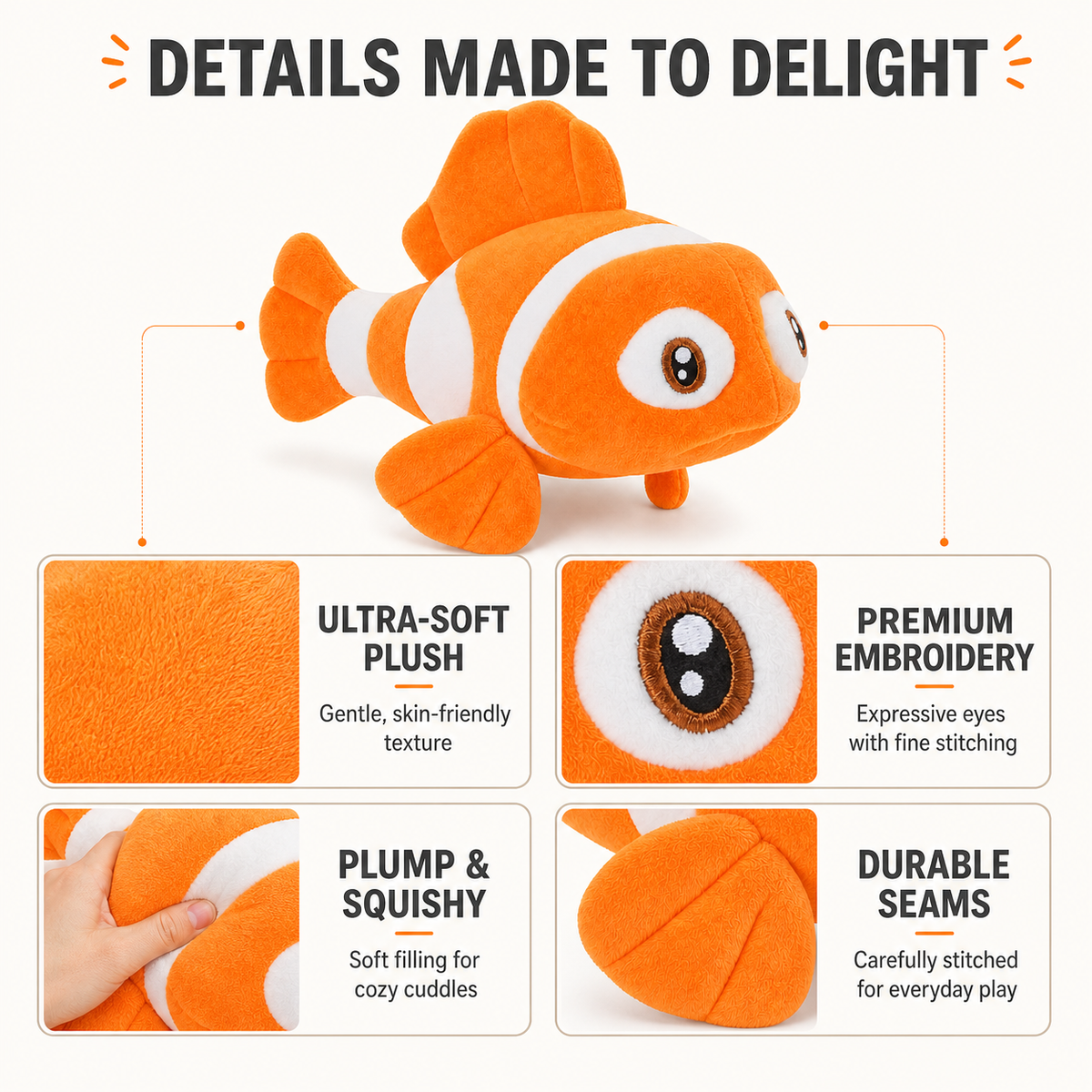 Embroidered eyes and fin details on orange clownfish plush
