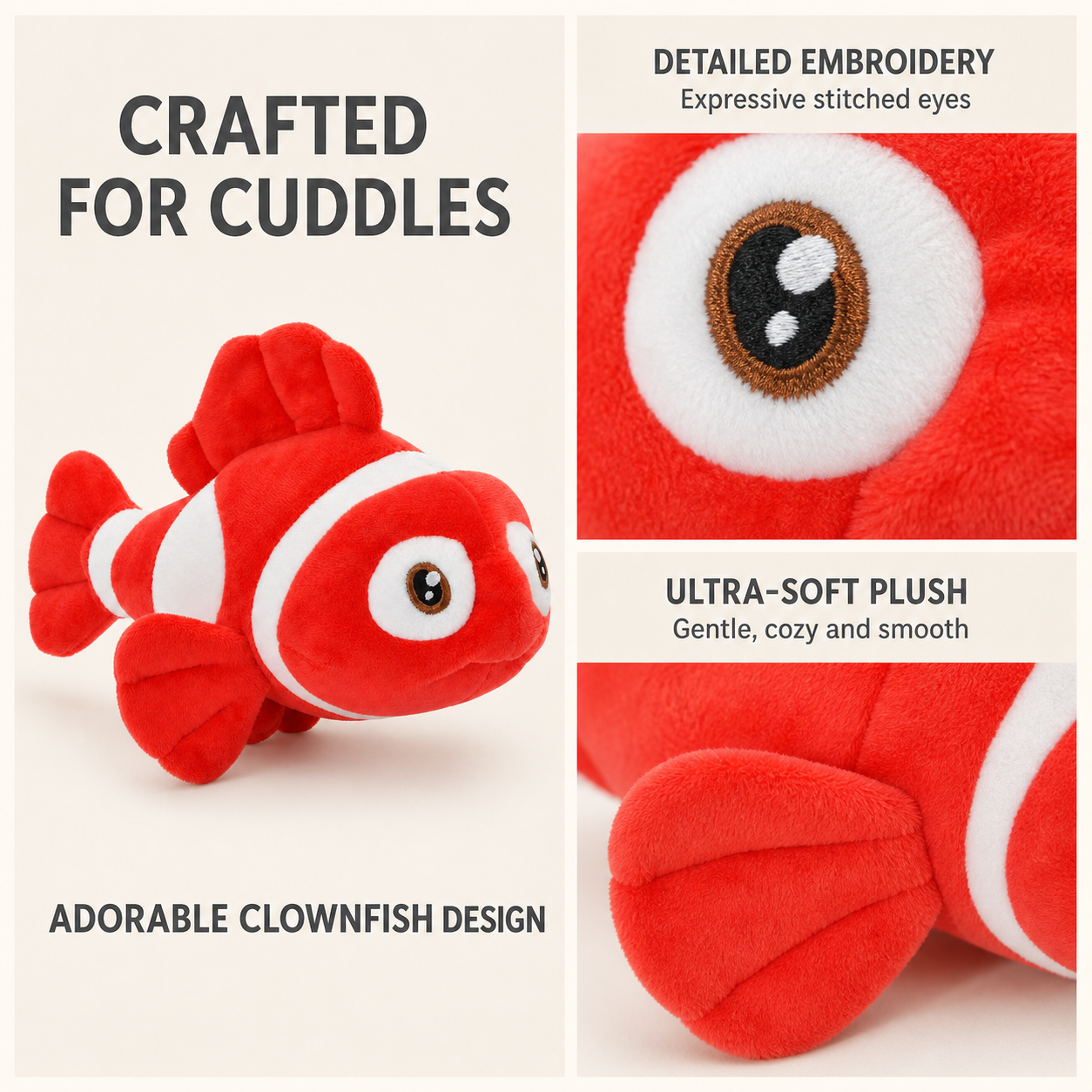 Red clownfish plush fabric and embroidered eye detail close-ups