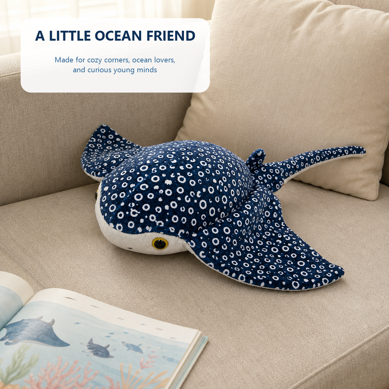 Spotted eagle ray plush in a cozy lifestyle setting