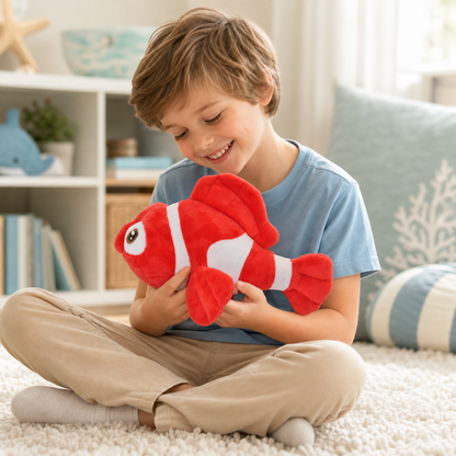 Red clownfish plush toy held in two hands to show its portable size