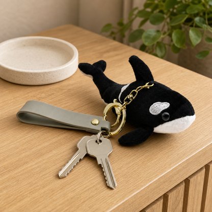 Gold-tone keyring and wrist strap on the orca bag charm