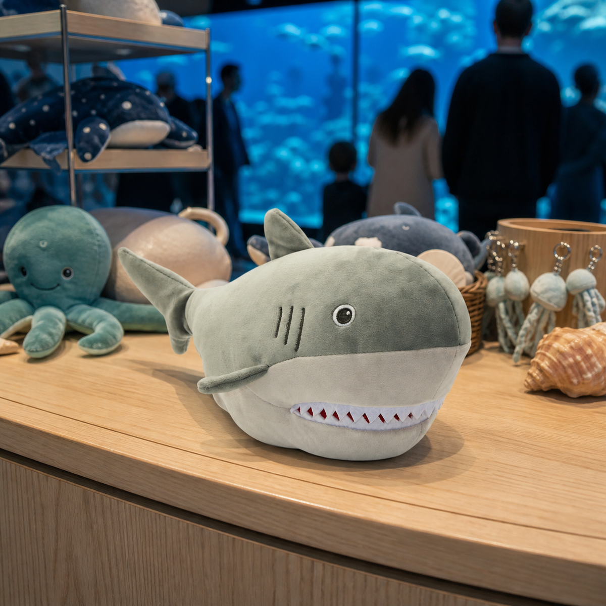 Soft fabric and stitching details of the shark hand puppet