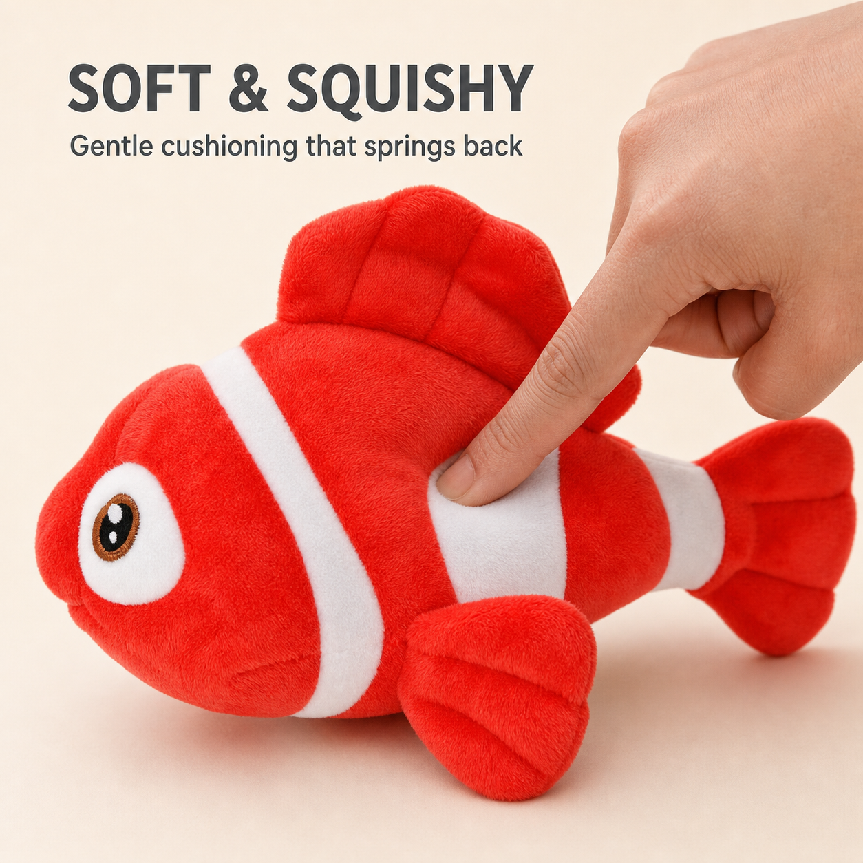 Red clownfish plush displayed in an ocean-themed bedroom