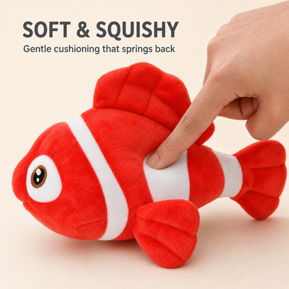 Red clownfish plush displayed in an ocean-themed bedroom