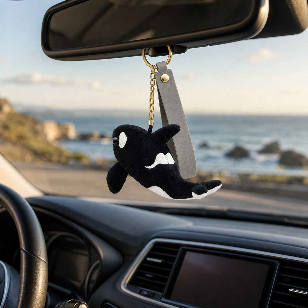 Mini orca plush keychain attached to a bag
