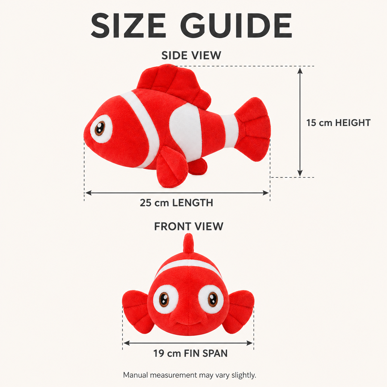 Red clownfish plush size guide showing 25 cm length, 19 cm fin span and 15 cm height
