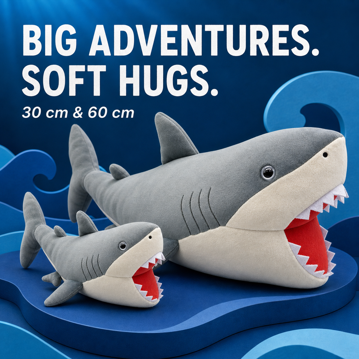 Megalodon shark plush displayed in a cozy room