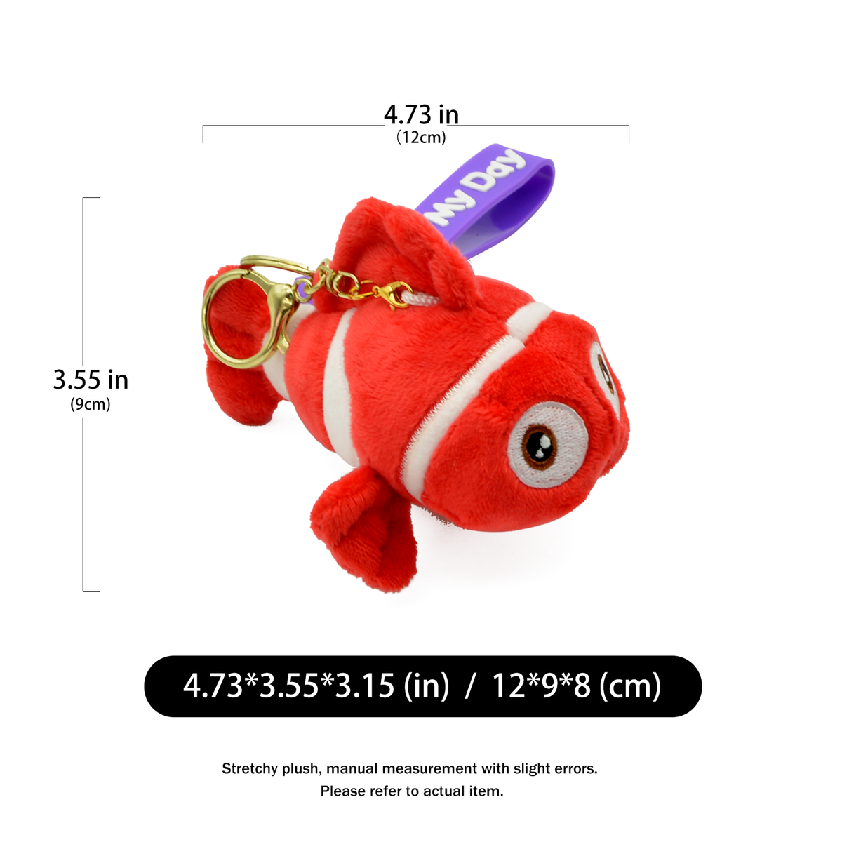 Clownfish plush keychain attached to a backpack