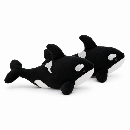 Side view of two Hzboo realistic orca plush dolls in the two-pack