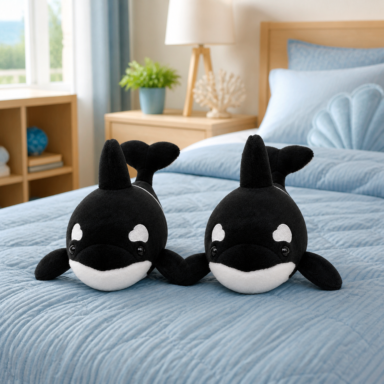 Two realistic orca plush dolls on a blue bed in an ocean-themed bedroom