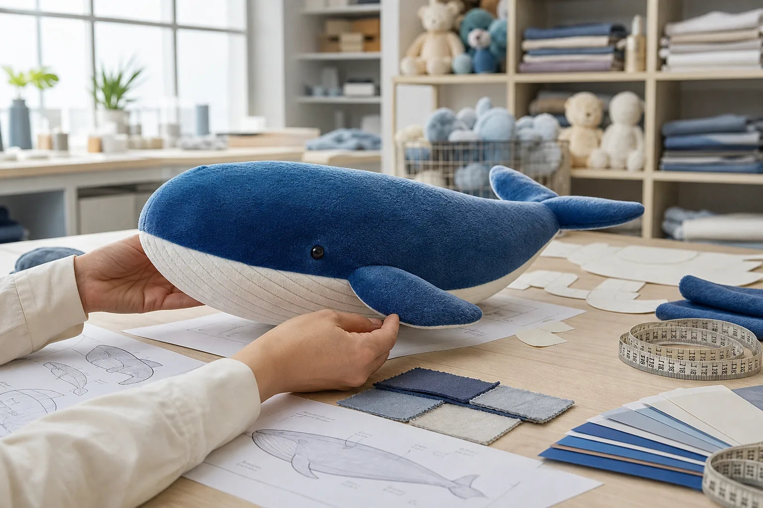Ocean plush prototype review with patterns and fabric samples